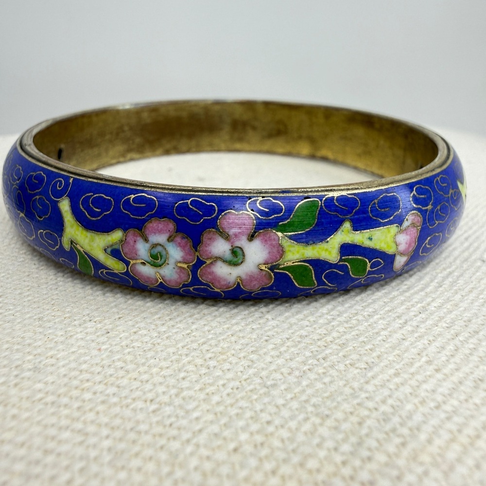 Vintage Cloisonne Enamel Bangle Bracelet Cobalt Blue Pink Floral Brass